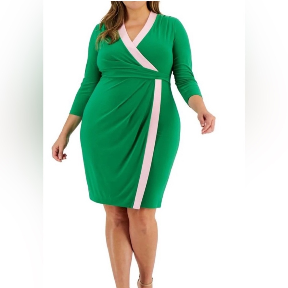 Kasper apple Green and salmon Pink faux Wrap midi Dress NWT 1X 3/4 sleeves